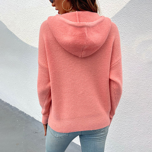 Women Sweaters Kniting Round Collar Pullover Plain Hoods Pockets