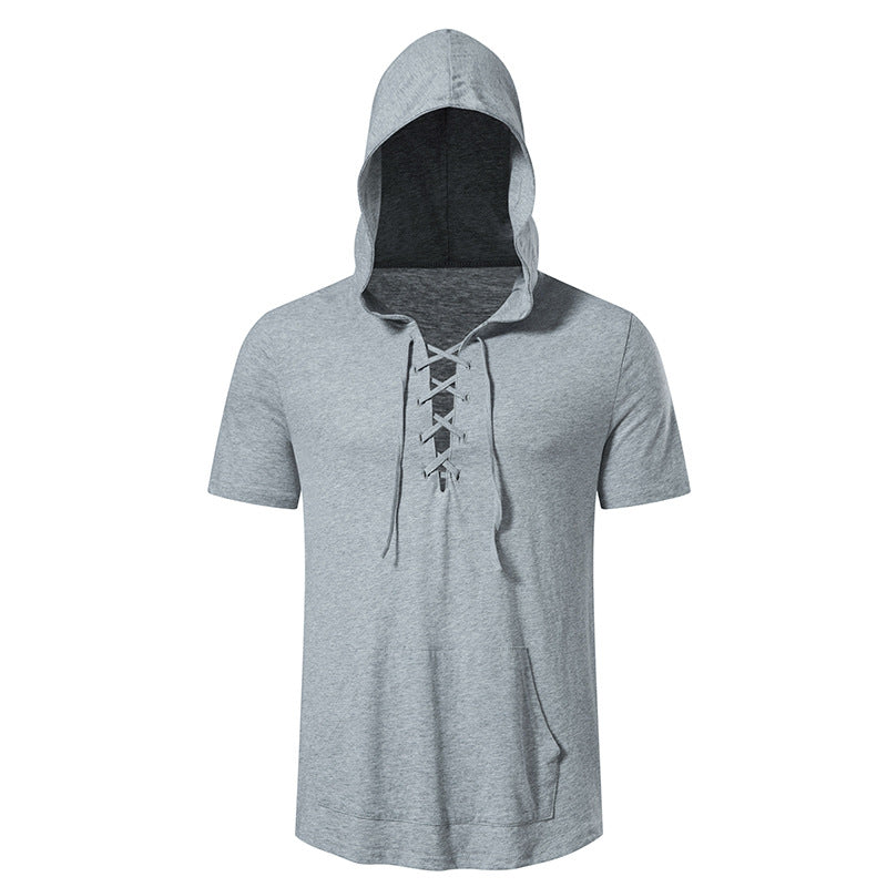 Men Short Sleeves Drawstring Hoody T-Shirt