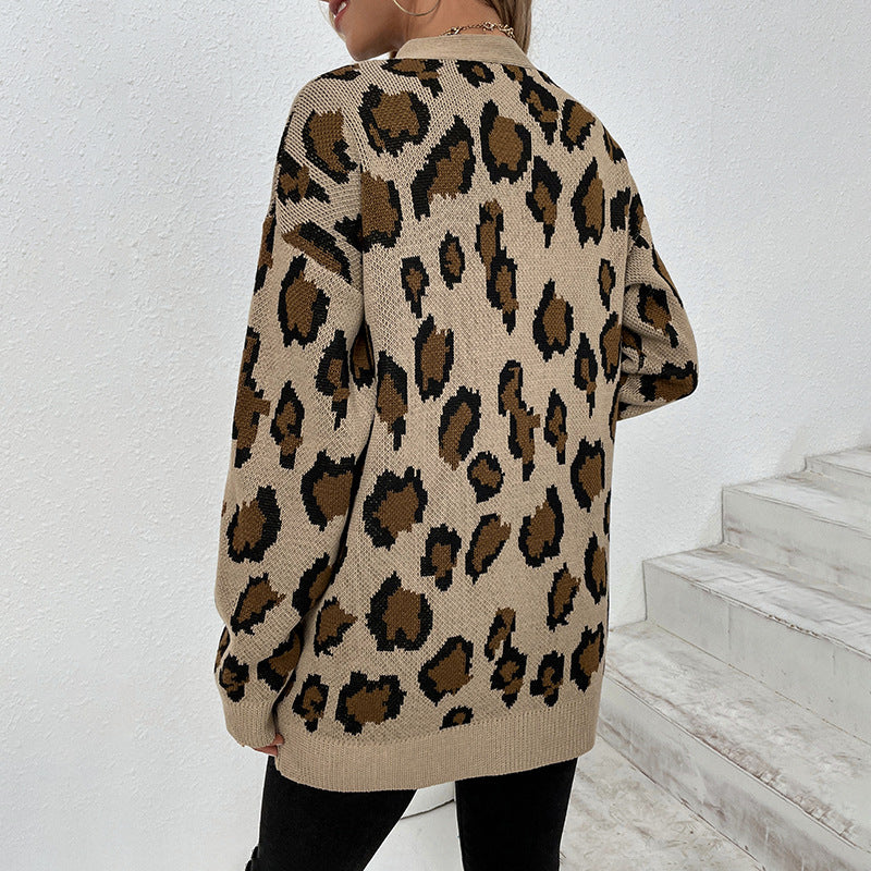 Women's Cardigans Kniting Leopard Patterns Long Sleeves Pockets