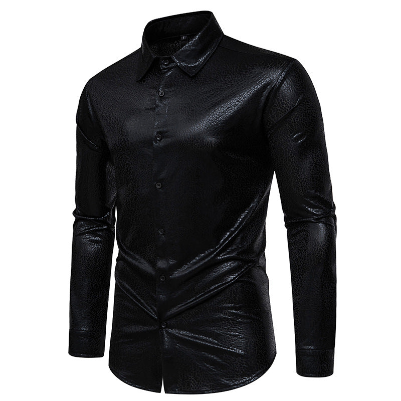 Men ʯ Patterns Glossy Turnover Collar Long Sleeves Shirt