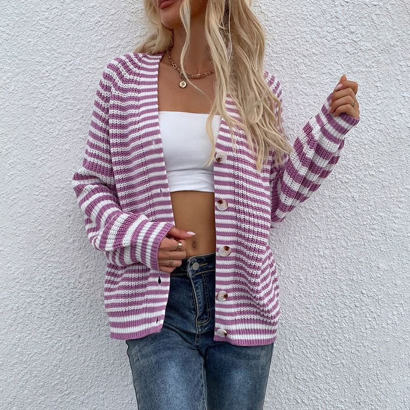 Women's Cardigans Kniting Buttons Bicolor Stripes Long Sleeves