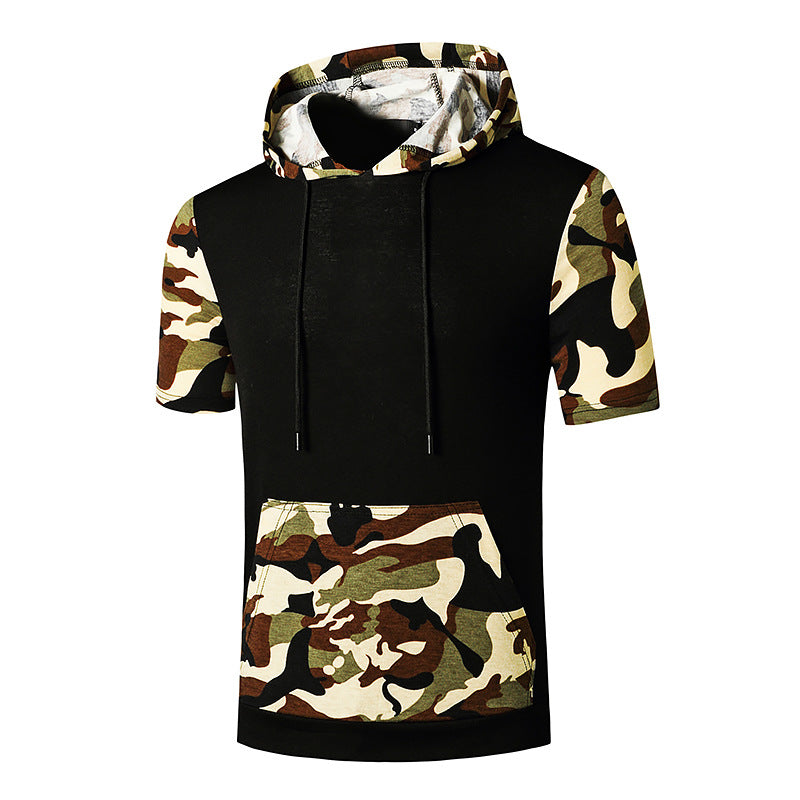 Men Short Sleeves Camo Pockets Drawstring Hoody T-Shirt