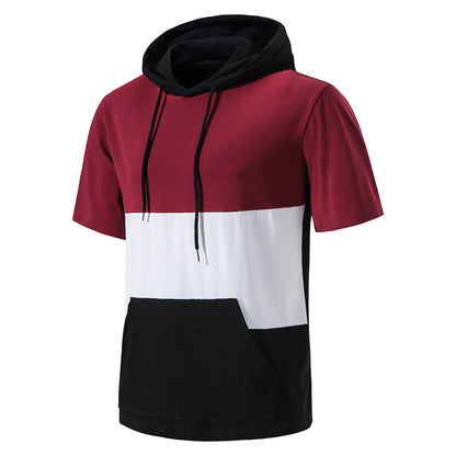 Men Patchwork Pockets Short Sleeves Drawstring Hoody T-Shirt