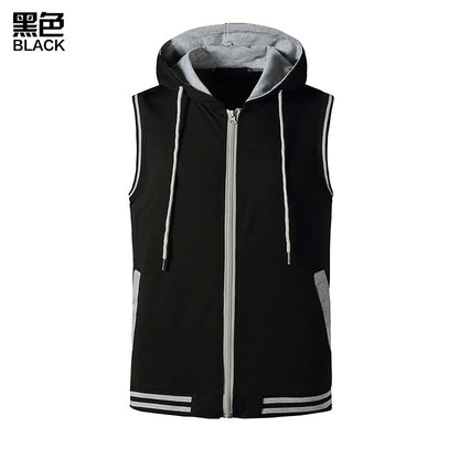 Men Sleeveless Zippers Drawstring Hoody T-Shirt