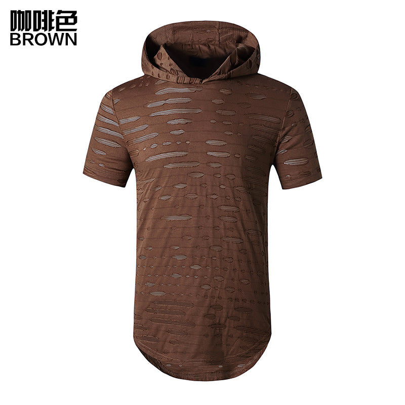 Men Holes Short Sleeves Stripes Hoody T-Shirt