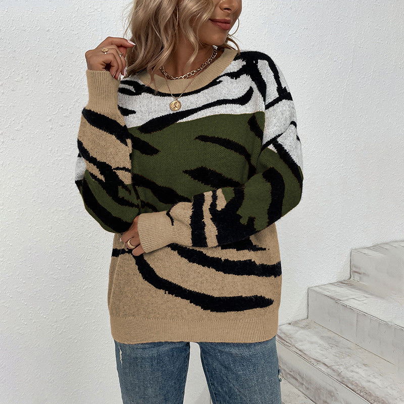 Women Sweaters Kniting Round Collar Pullover Tiger Camo Printed Long Sleeve