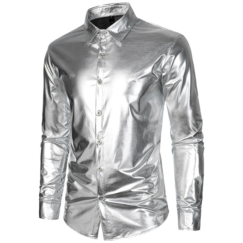 Men Glossy Turnover Collar Long Sleeves Shirt