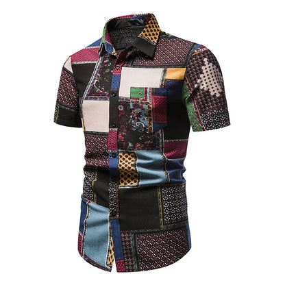 Men Turnover Collar Patchwork Short Sleeves Sandbeach Shirt