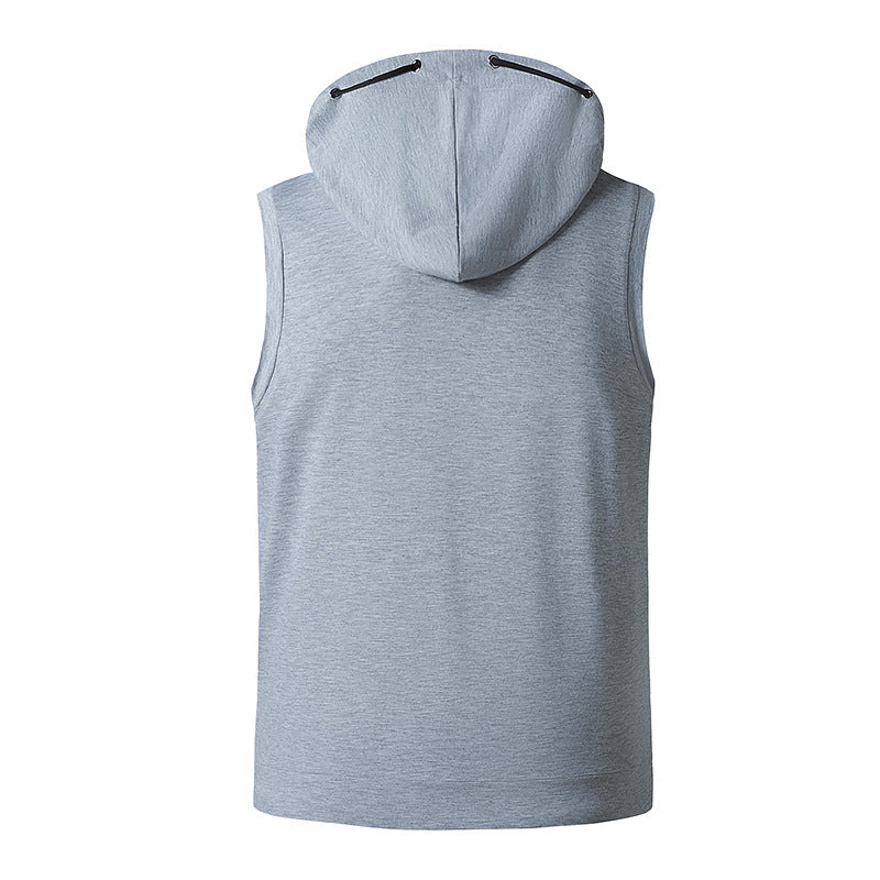 Men Slim Zippers Sleeveless Drawstring Hoody T-Shirt