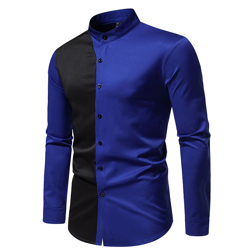 Men Turtleneck Patchwork Glossy Long Sleeves Shirt