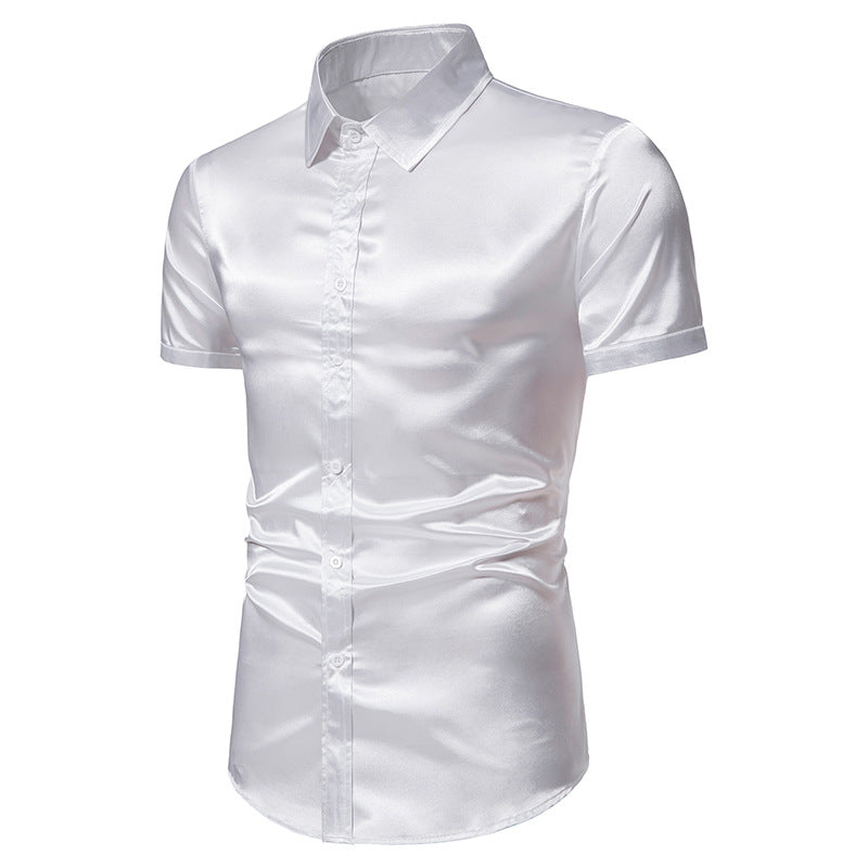 Men Glossy Turnover Collar Short Sleeves Shirt