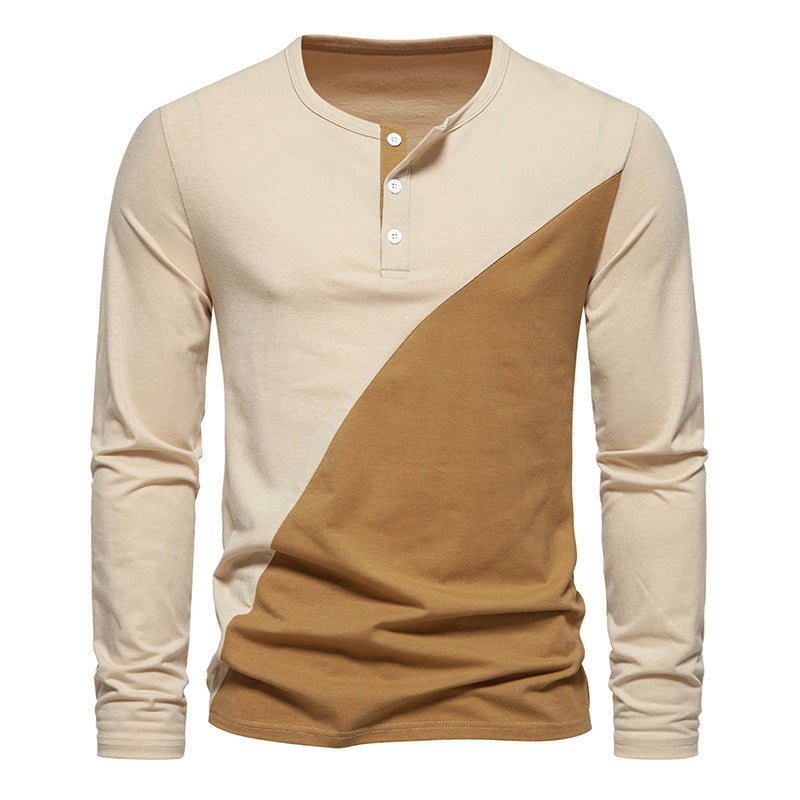 Men Crewneck Buttons Bicolor Long Sleeves T-Shirt