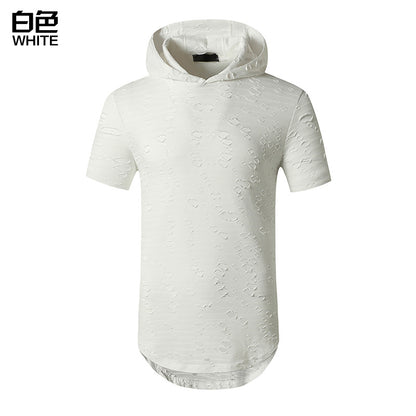 Men Holes Short Sleeves Stripes Hoody T-Shirt