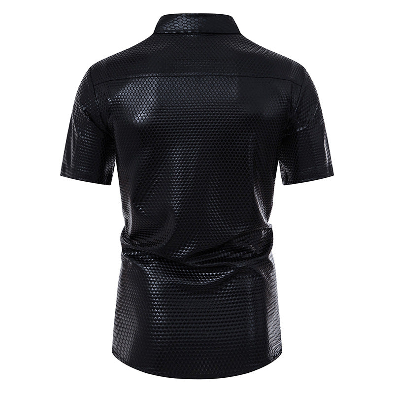 Men Turnover Collar Rhomboid Lattice Glossy Short Sleeves Shirt