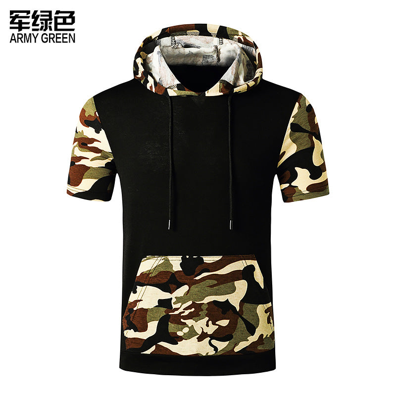 Men Short Sleeves Camo Pockets Drawstring Hoody T-Shirt