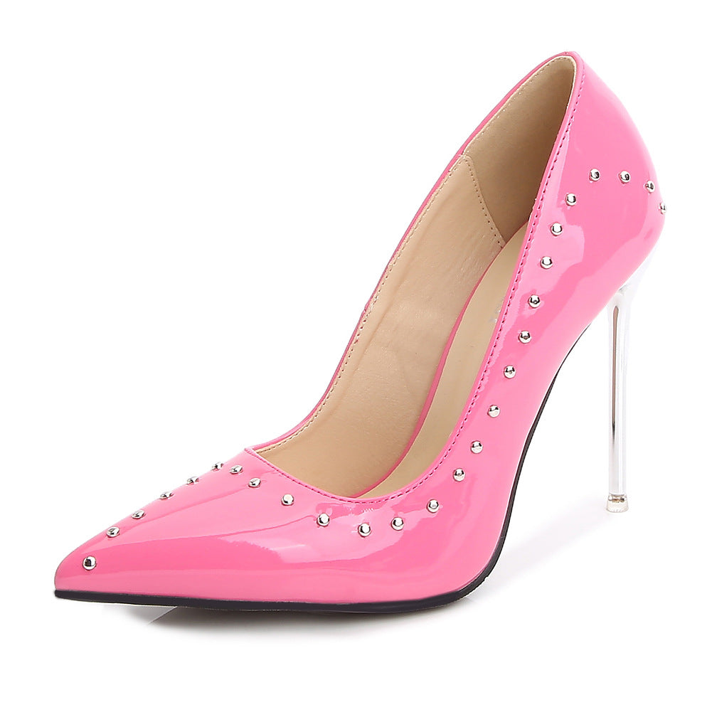 Women's Pointed Toe Rivets Shallow Crystal Stiletto Heel Pumps