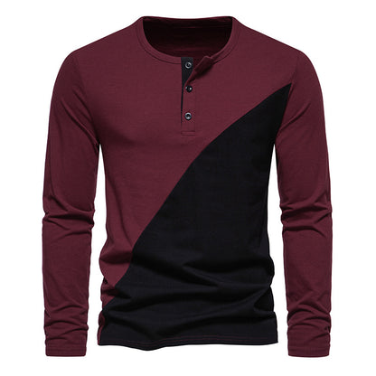 Men Crewneck Buttons Bicolor Long Sleeves T-Shirt