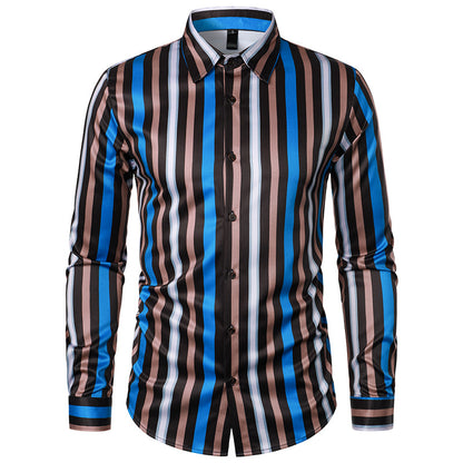 Men Turnover Collar Bicolor Stripes Long Sleeves Shirt