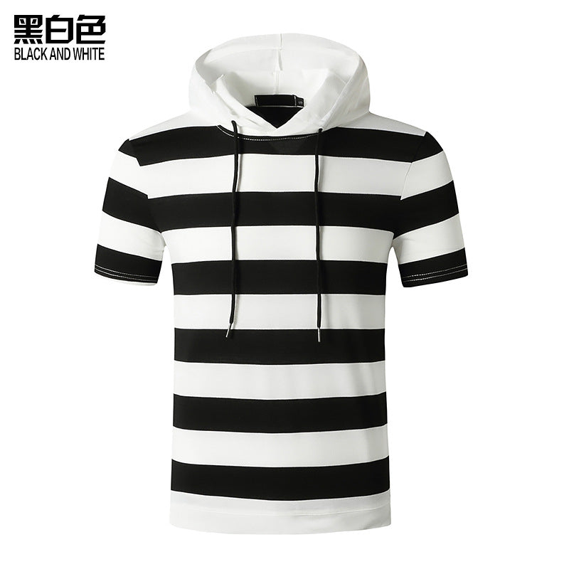 Men Slim Short Sleeves Stripes Drawstring Hoody T-Shirt