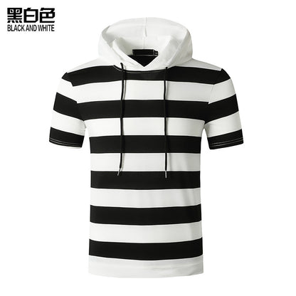 Men Slim Short Sleeves Stripes Drawstring Hoody T-Shirt