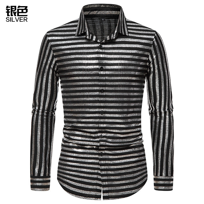 Men Turnover Collar Glossy Stripes Long Sleeves Shirt