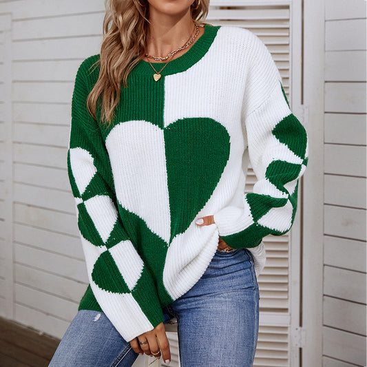 Women Sweaters Kniting Round Collar Pullover Bicolor Love Hearts Long Sleeve