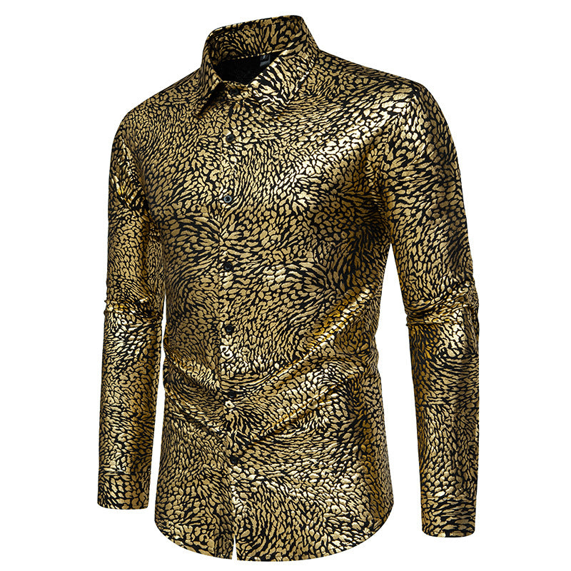 Men Leopard Patterns Glossy Turnover Collar Long Sleeves Shirt