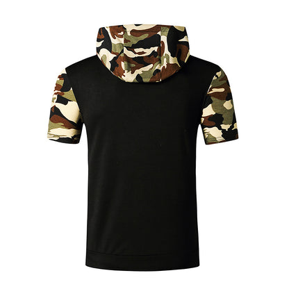 Men Short Sleeves Camo Pockets Drawstring Hoody T-Shirt