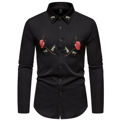 Men Turnover Collar Embroidery Floral Fabric Long Sleeves Shirt