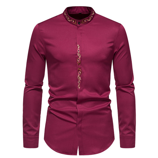 Men Embroidery Floral Fabric Turtleneck Long Sleeves Shirt