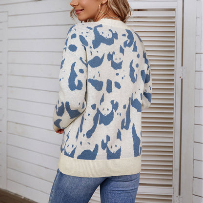 Women Sweaters Kniting Round Collar Pullover Bicolor Cows Printed Long Sleeve