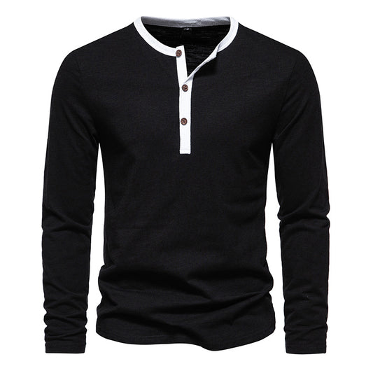 Men Crewneck Buttons Bicolor Long Sleeves T-Shirt