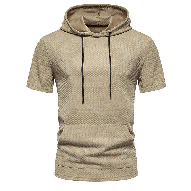 Men Lattice Pockets Short Sleeves Drawstring Hoody T-Shirt