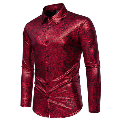 Men ʯ Patterns Glossy Turnover Collar Long Sleeves Shirt