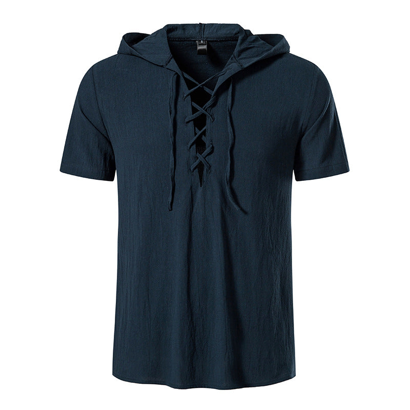 Men Tied Straps Short Sleeves Hoodie T-Shirt