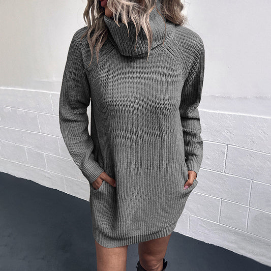 Women Sweaters Kniting Round Collar Pullover Plain High Collar Pockets