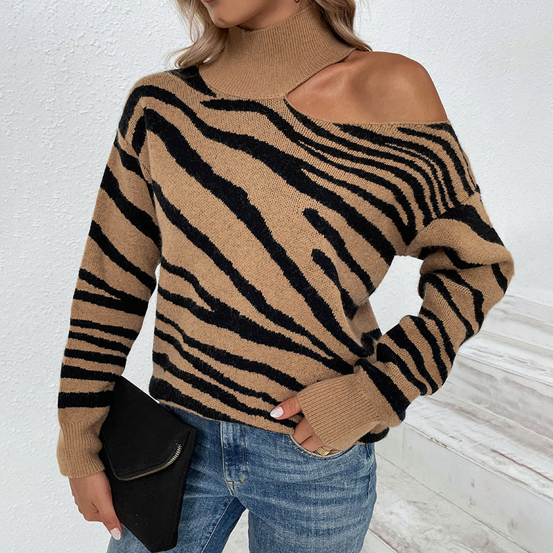Women Sweaters Kniting High Collar Pullover Bicolor Tiger Printed Off Shoulder