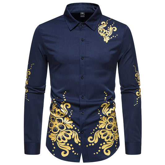 Men Turnover Collar Flowers Long Sleeves Shirt