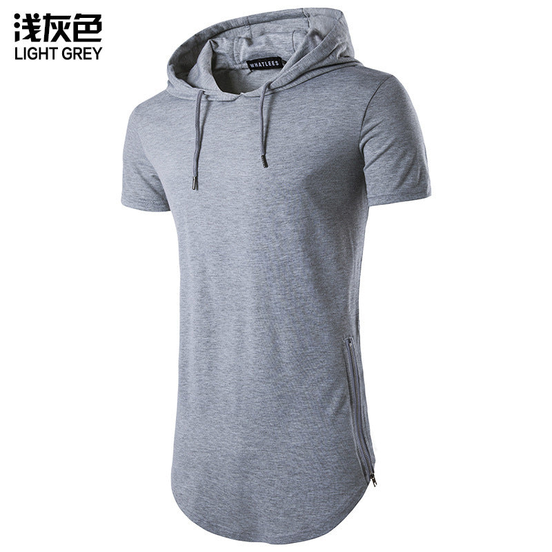 Men Short Sleeves Drawstring Hoody Long T-Shirt