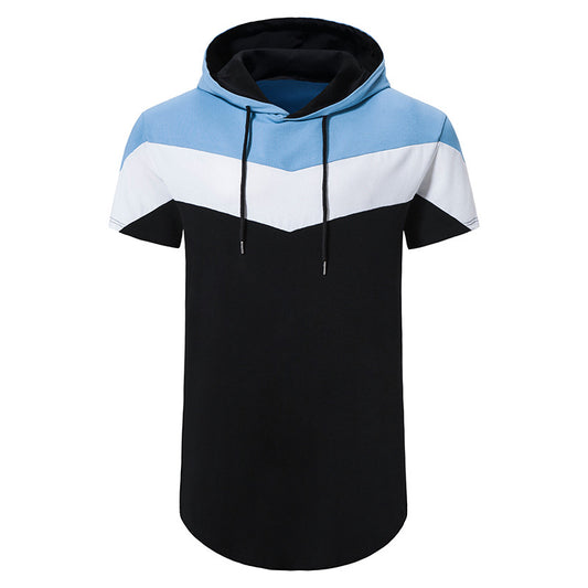 Men Patchwork Short Sleeves Drawstring Hoody T-Shirt