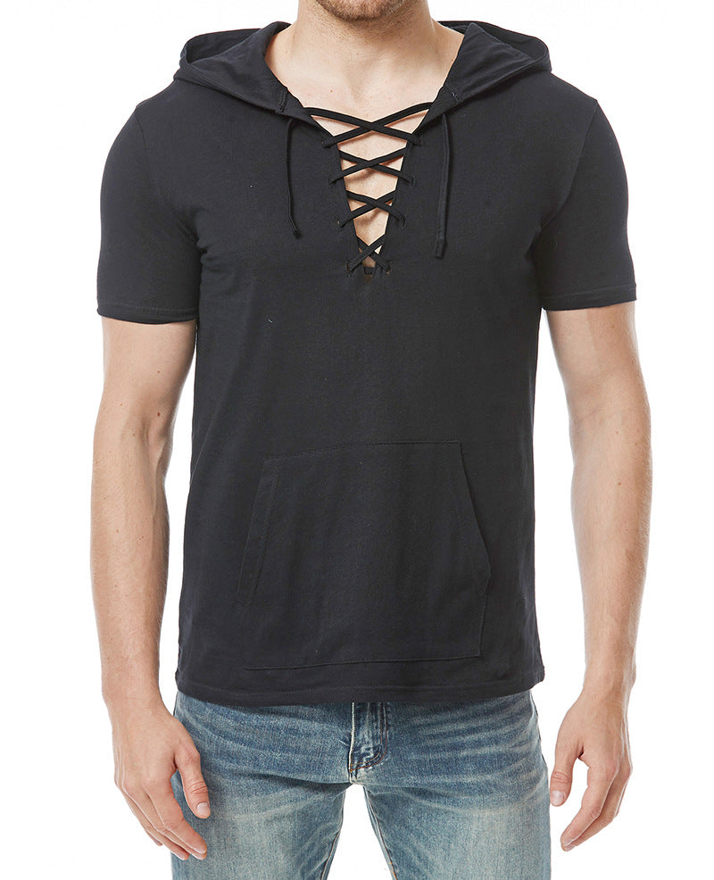 Men Short Sleeves Drawstring Hoody T-Shirt