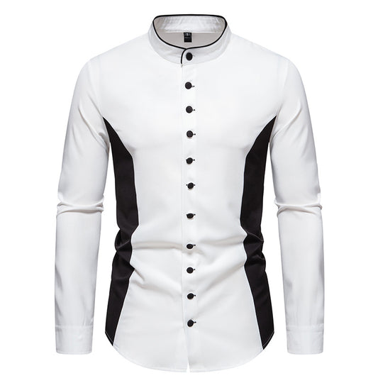 Men Turtleneck Patchwork Bicolor Long Sleeves Shirt