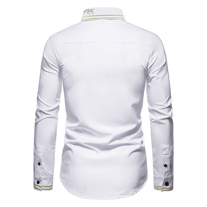 Men Embroidery Turnover Collar Long Sleeves Shirt