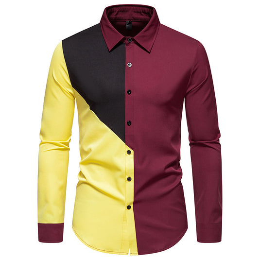 Men Turnover Collar Bicolor Patchwork Long Sleeves Shirt