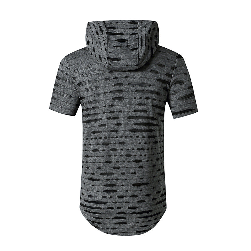 Men Holes Short Sleeves Stripes Hoody T-Shirt