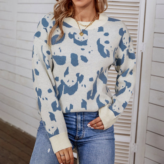 Women Sweaters Kniting Round Collar Pullover Bicolor Cows Printed Long Sleeve
