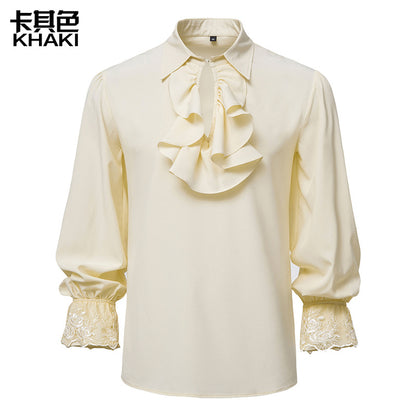 Men Ruffles Embroidery Turnover Collar Long Sleeves Shirt