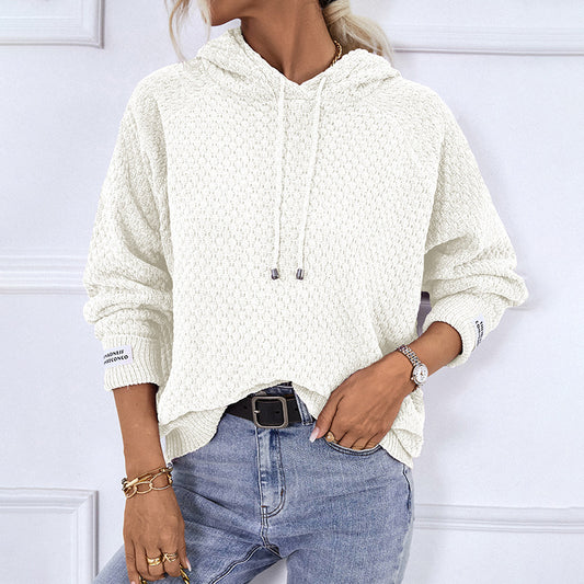 Women Sweaters Kniting Pullover Plain Hoods Drawstring