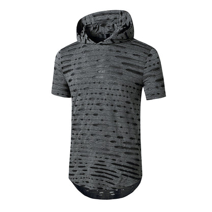 Men Holes Short Sleeves Stripes Hoody T-Shirt