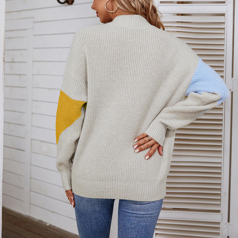 Women Sweaters Kniting Round Collar Pullover Bicolor Stripes
